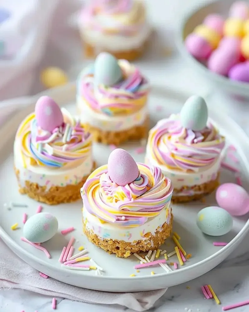 Easter no-bake mini cheesecakes topped with colorful spring decorations