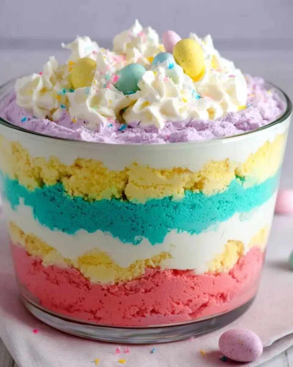 Colorful Easter trifle dessert with layers of cream, fruit, and cake