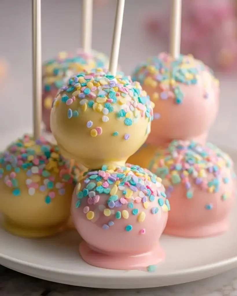 Easy Easter Funfetti Cake Pops decorated with pastel colors and sprinkles.