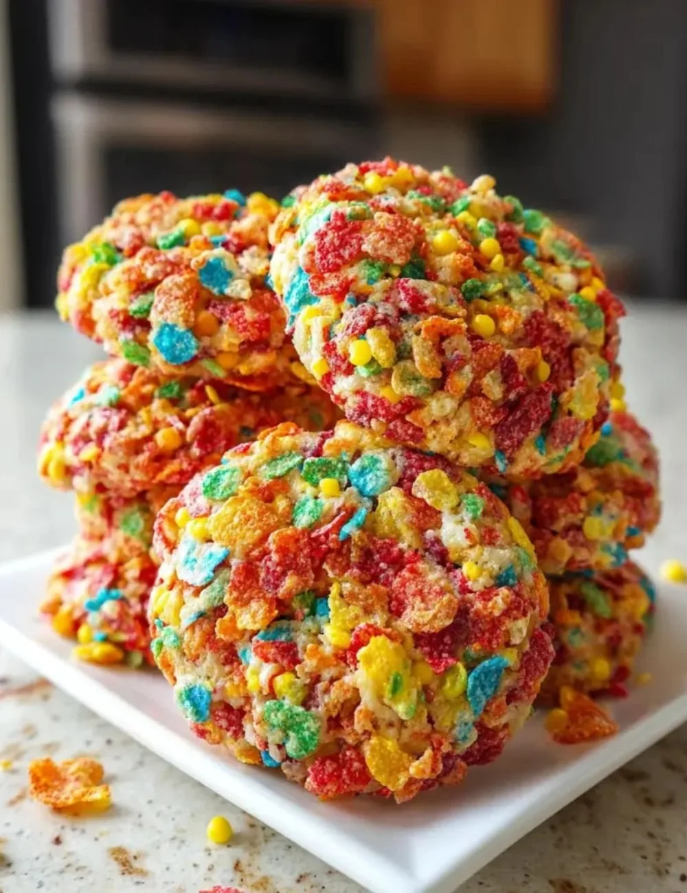 Plate of colorful Fruity Pebbles Cookies with sprinkles