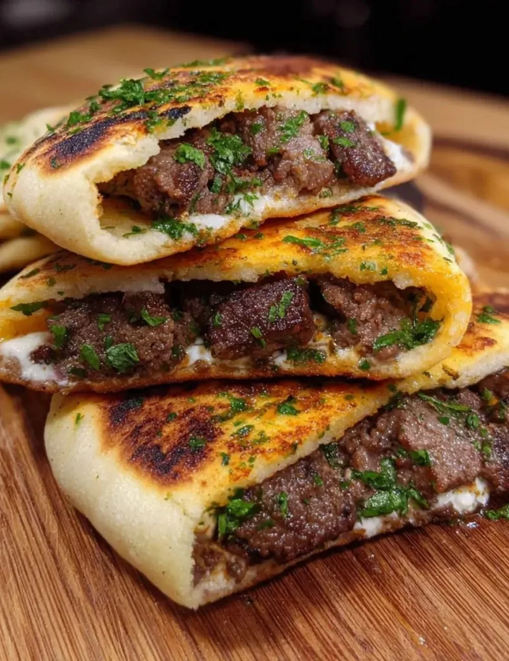 Grilled lamb pita arayes filled with spiced ground lamb, served on a plate.
