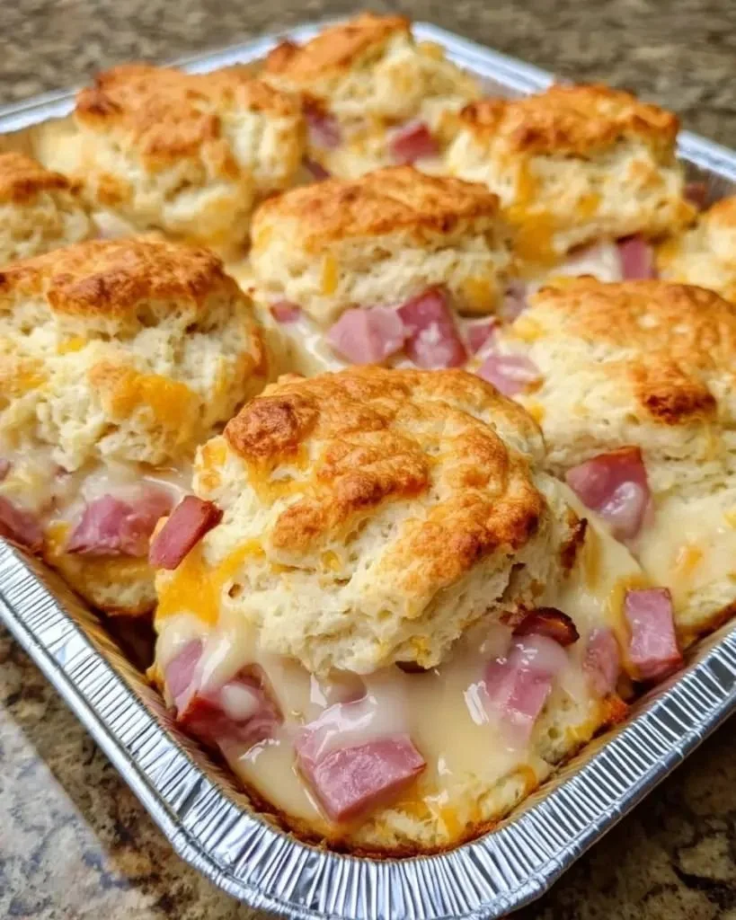 Ham and cheese butter biscuits fresh out of the oven, golden brown and flaky.