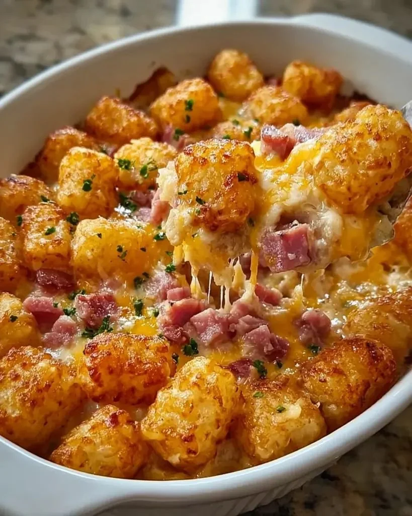 Ham Tater Tot Bake topped with cheese and garnished with herbs