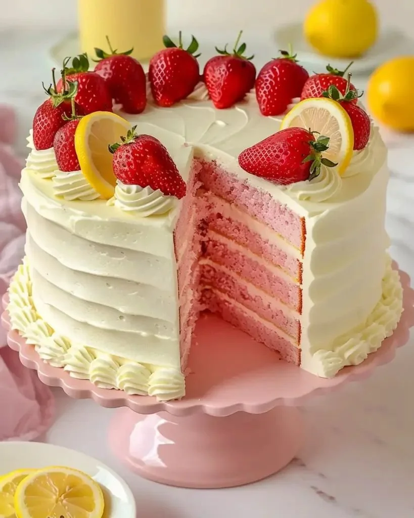 Homemade strawberry cake with lemon frosting on a decorative plate