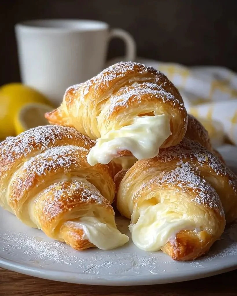 Lemon cream cheese crescent rolls topped with icing on a plate.