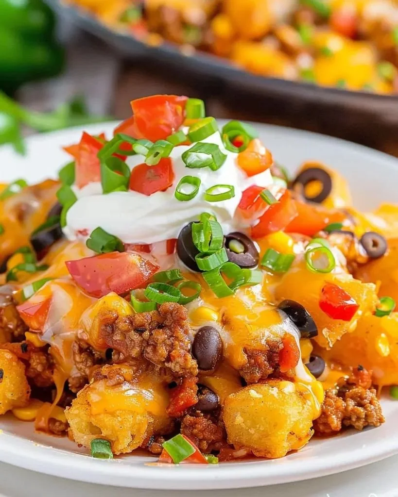 Delicious Mexican Tater Tot Casserole topped with cheese and peppers