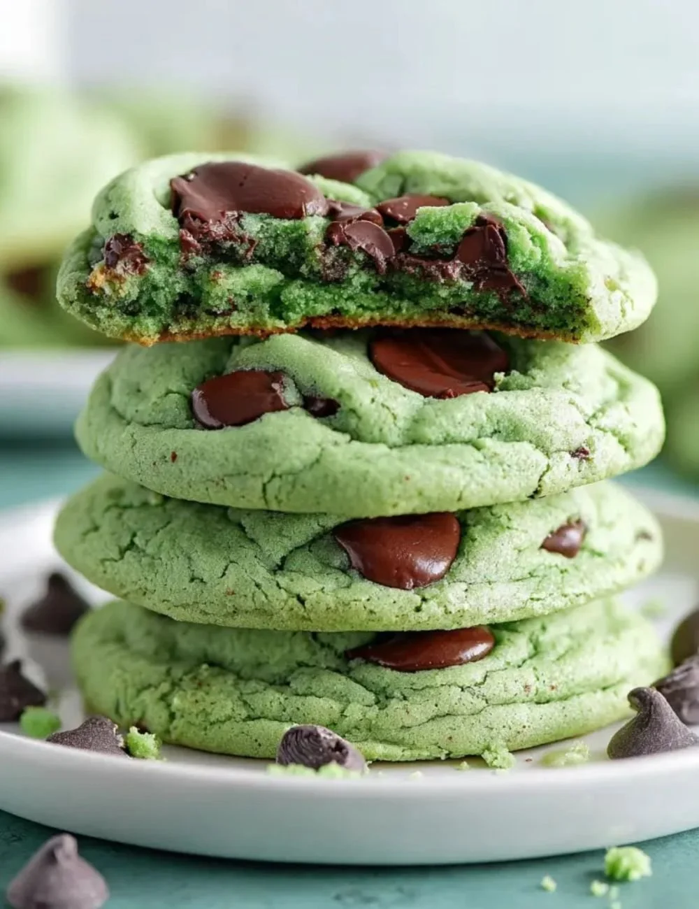Freshly baked mint chocolate chip cookies on a cooling rack