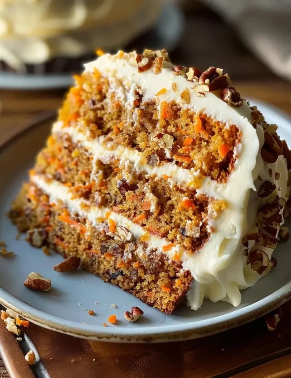 Moist homemade carrot cake topped with cream cheese frosting