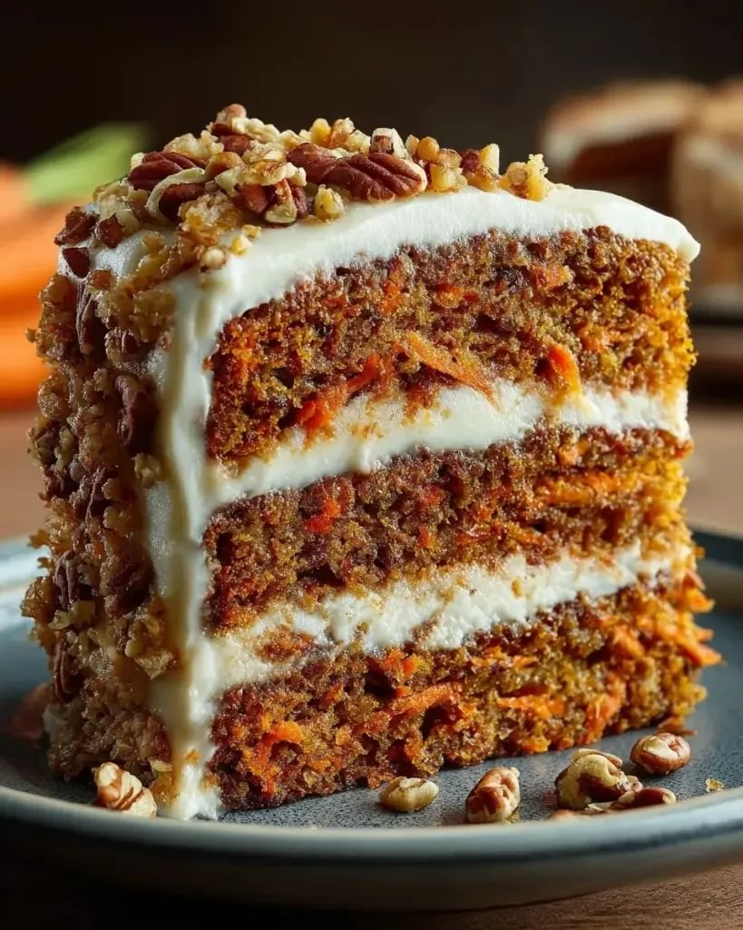 Moist homemade carrot cake with cream cheese frosting on a rustic wooden table.