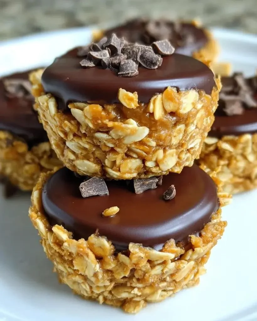 No Bake Peanut Butter Granola Cups stacked on a plate ready to eat.