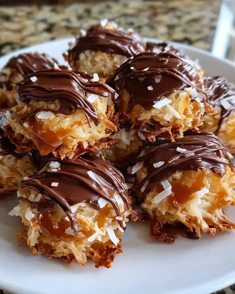 No-Bake Samoa Cookie Bites made with chocolate, coconut, and caramel.