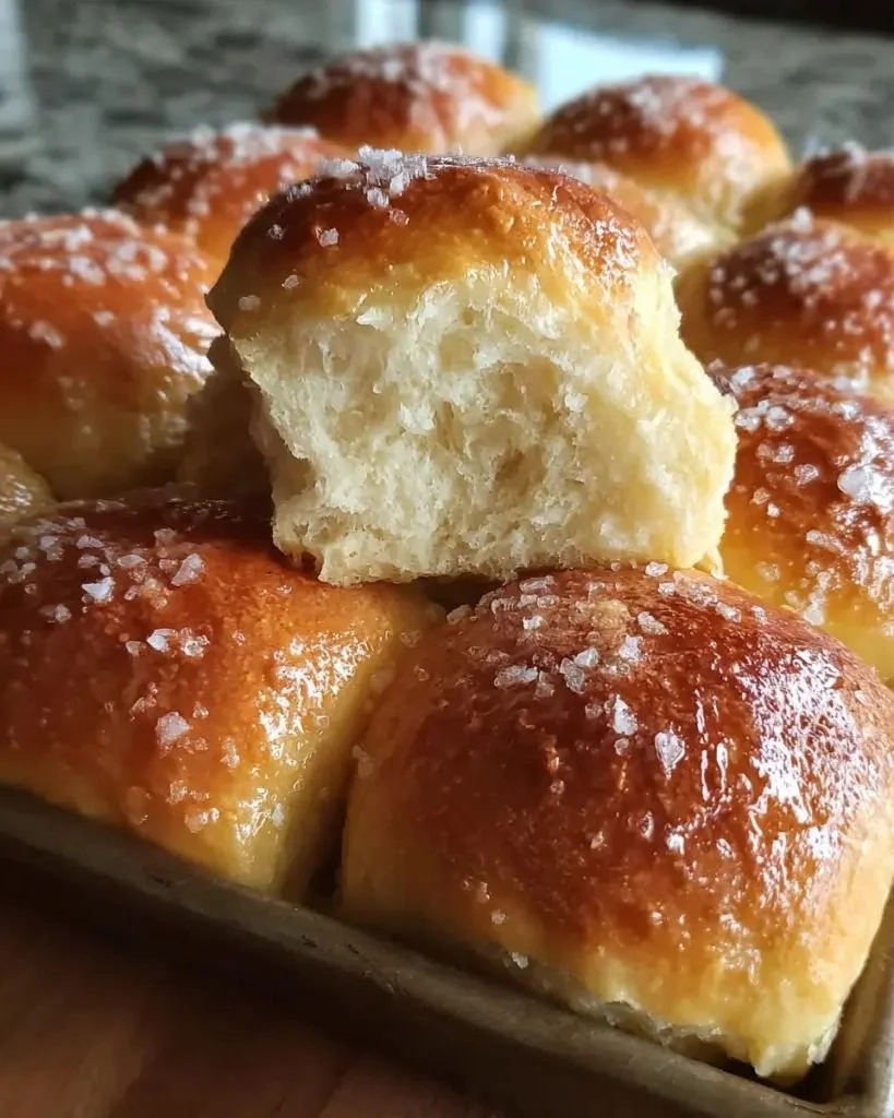 Freshly baked no-knead buttermilk dinner rolls on a kitchen counter