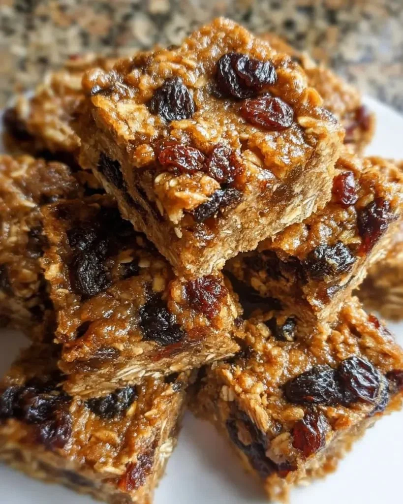 Homemade oatmeal raisin bars with oats and raisins on a wooden table