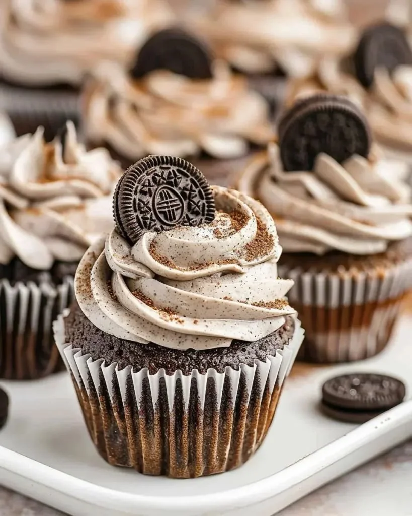 Delicious Oreo Cupcakes topped with cream and crumbled Oreos