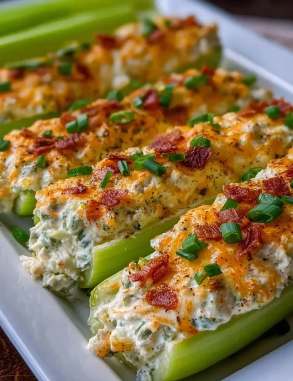 Plate of outrageously good stuffed celery filled with cream cheese and herbs.