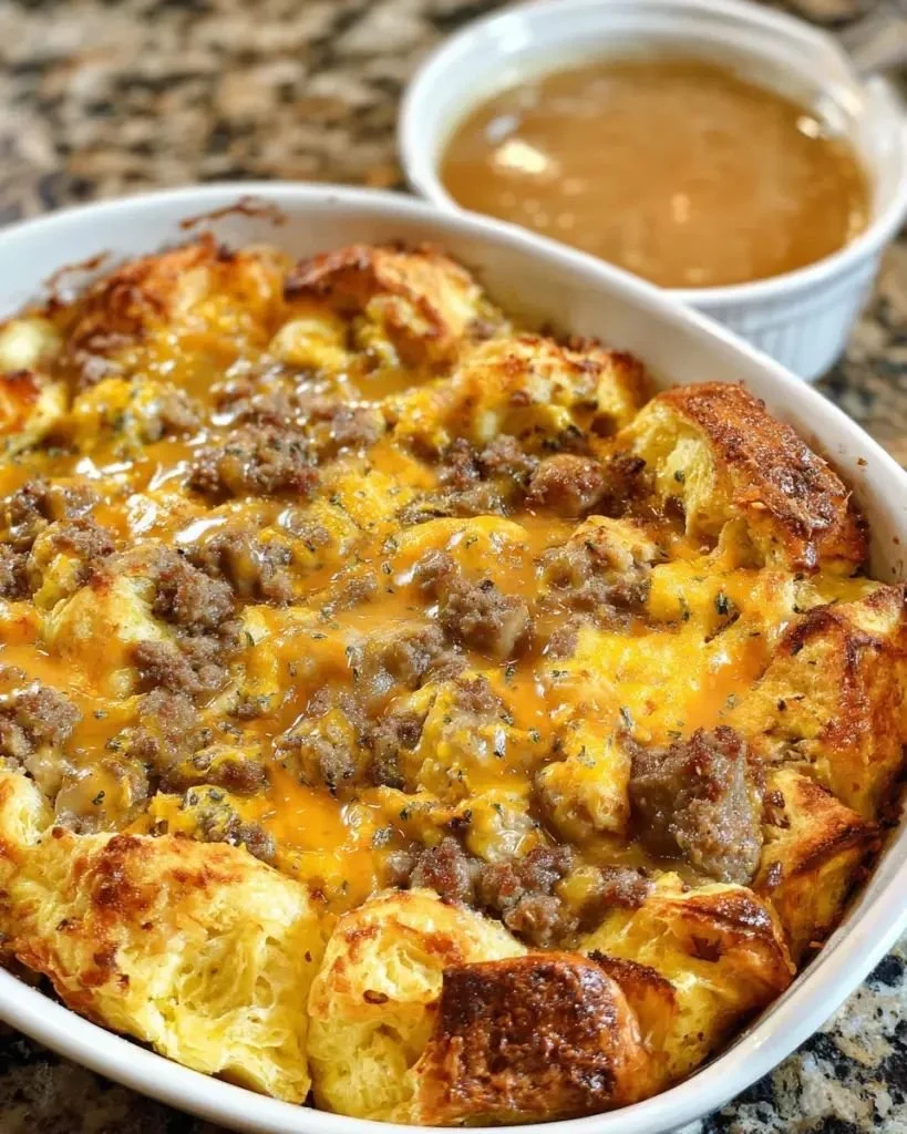 Overnight Croissant Breakfast Casserole Bake topped with rich gravy