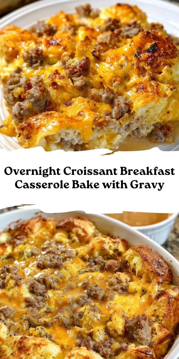 Overnight Croissant Breakfast Casserole Bake with Gravy