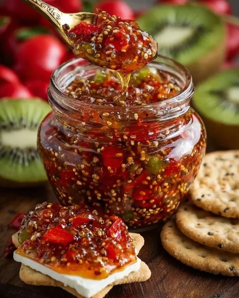 Jar of homemade pepper jam with colorful peppers and bread for spreading