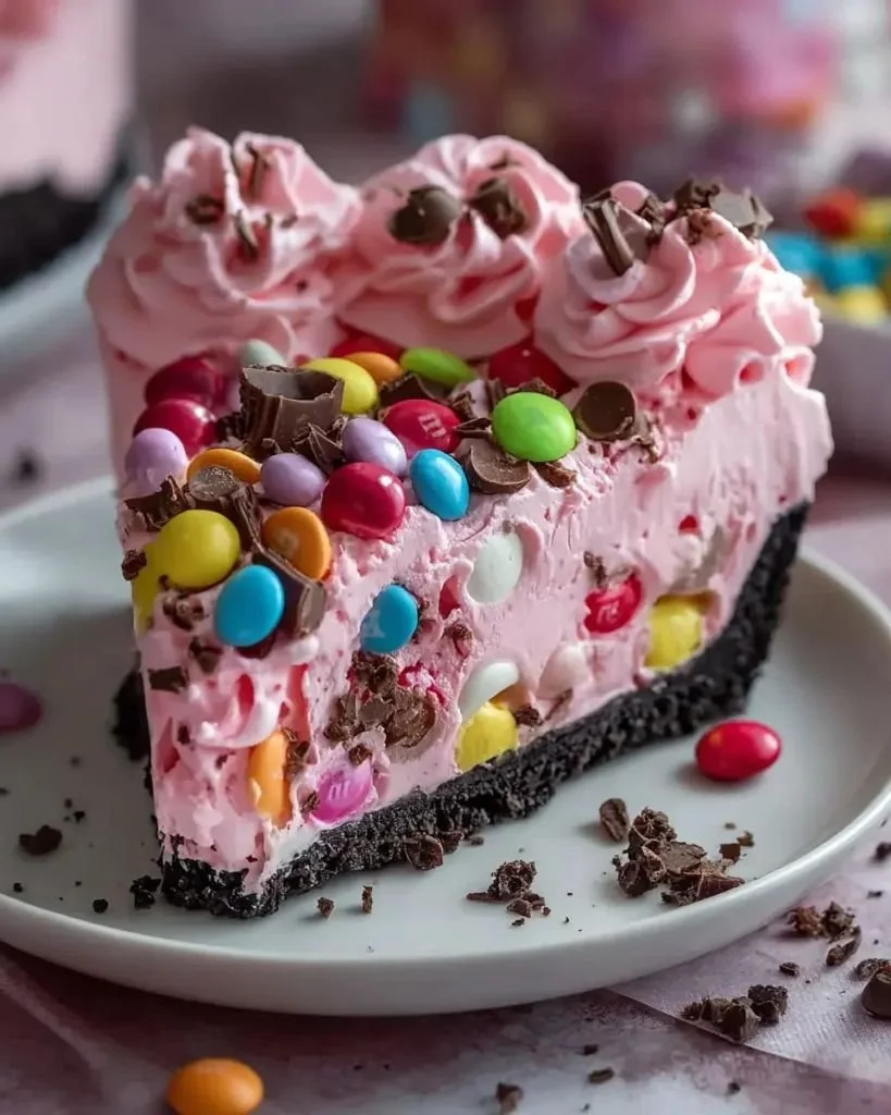 Decadent Pink M&M Snickers cheesecake topped with colorful candies