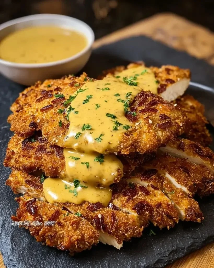 Pretzel-crusted chicken served with creamy mustard cheddar sauce