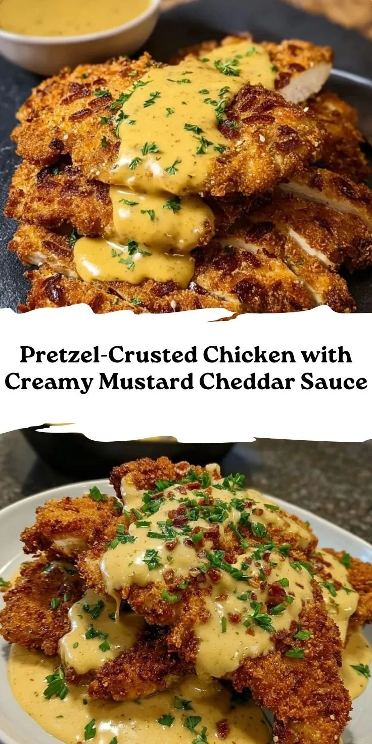 Pretzel-Crusted Chicken with Creamy Mustard Cheddar Sauce