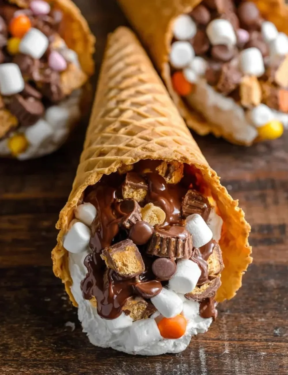 Reese's Campfire Cones with chocolate and marshmallows roasted over a fire.