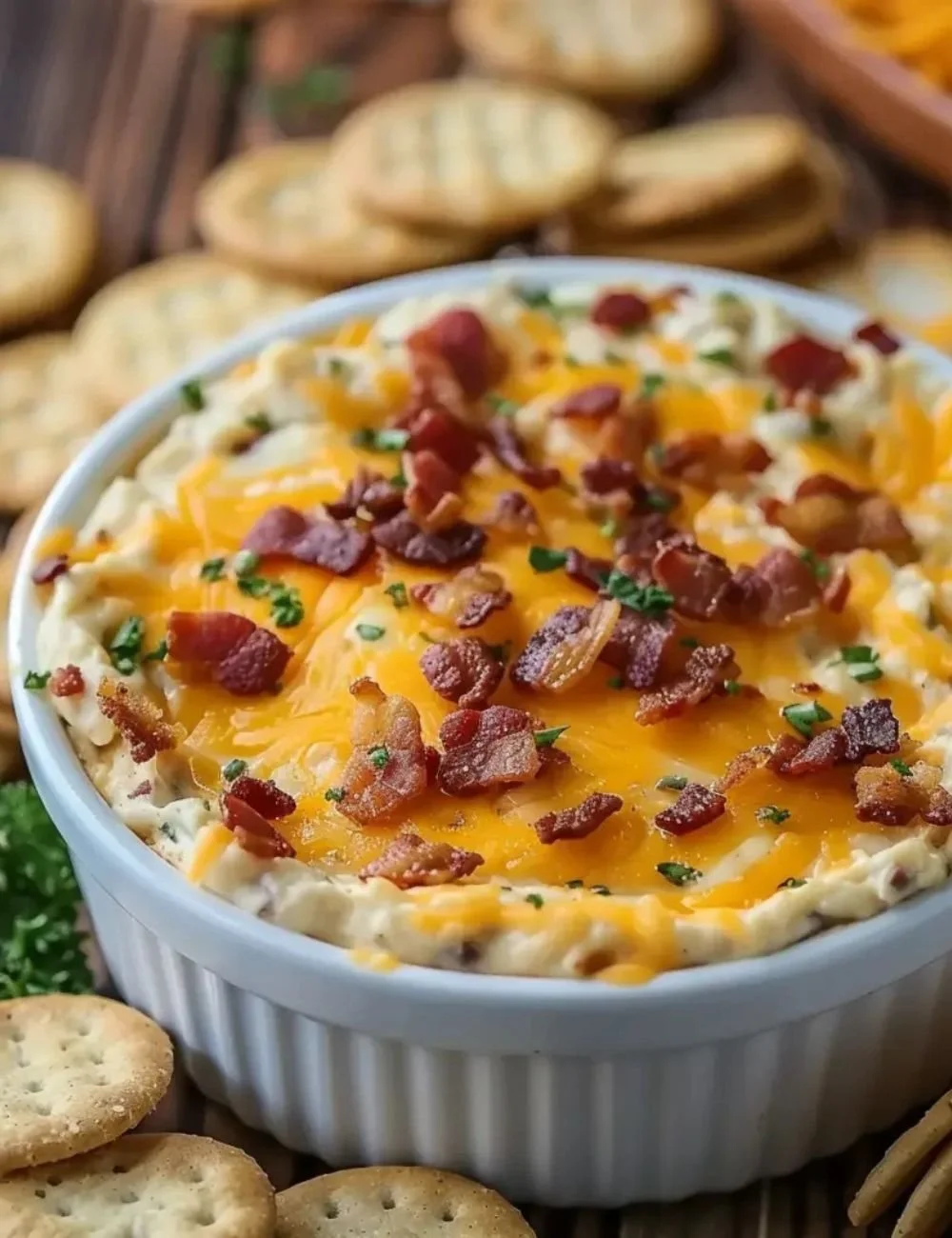 Savory Maple Bourbon Bacon Dip with Cheddar served in a bowl