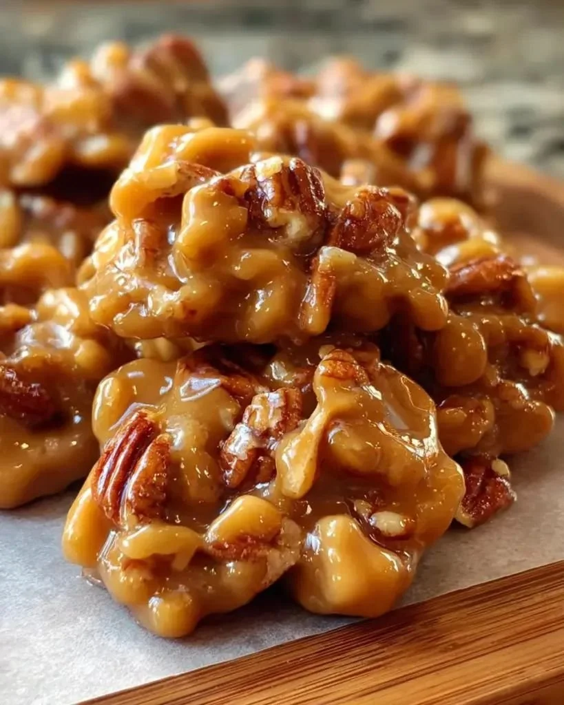 Delicious soft caramel pecan clusters with a gooey caramel and nutty pecan topping.