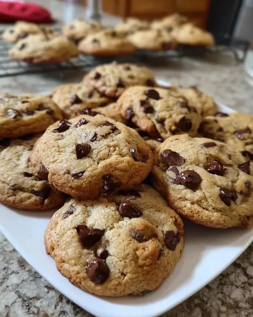 Plate of freshly baked sourdough discard chocolate chip cookies