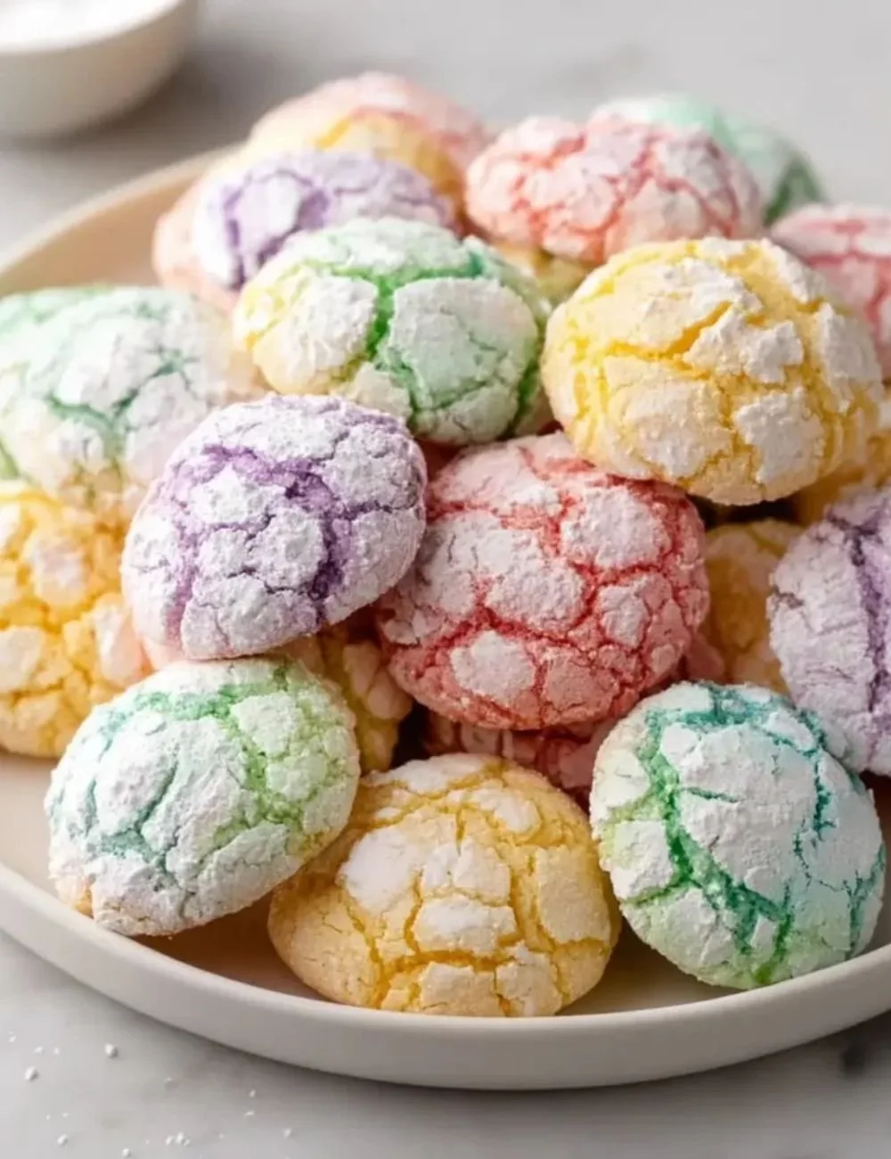 Springtime crinkle cookies with powdered sugar on a plate