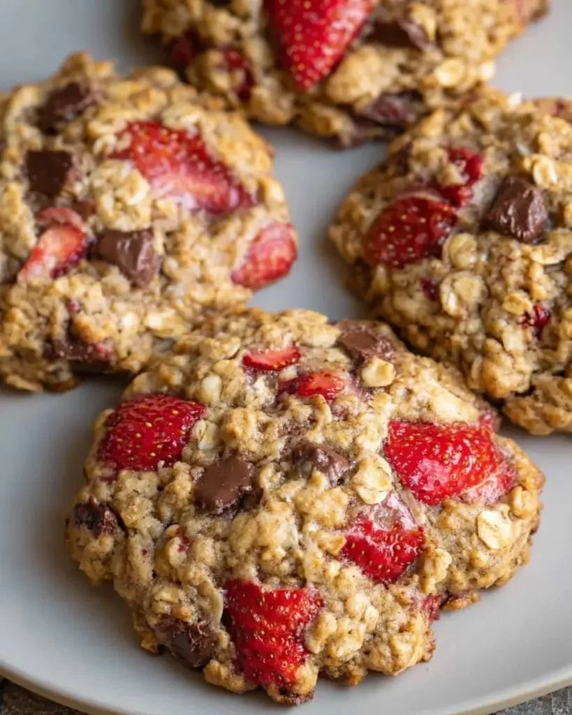 Freshly baked strawberry cookies with ripe strawberries, perfect for dessert.