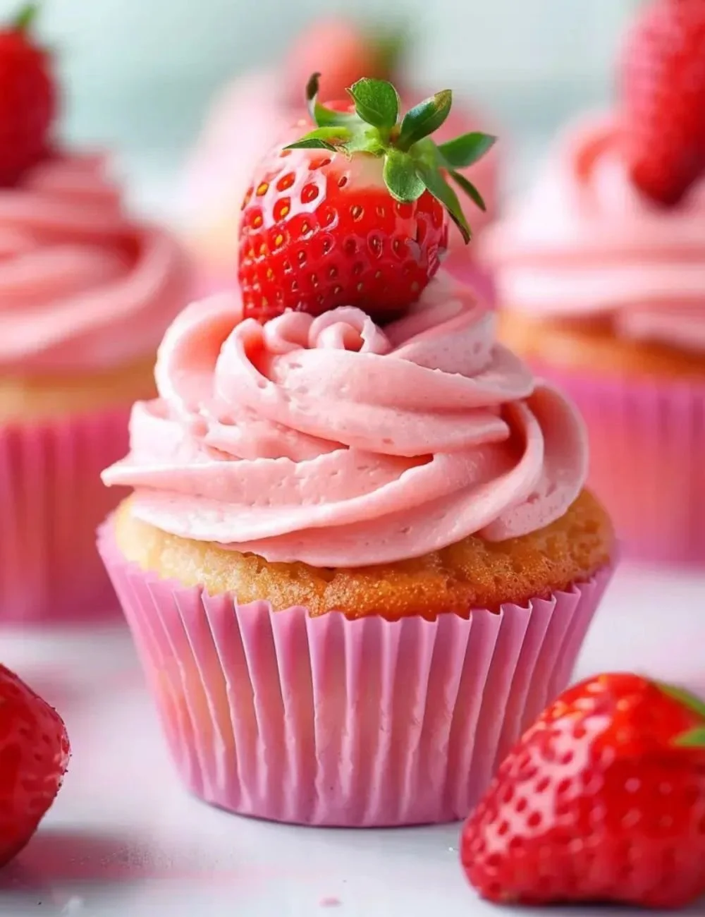 Freshly baked strawberry cupcakes topped with creamy frosting and fresh strawberries
