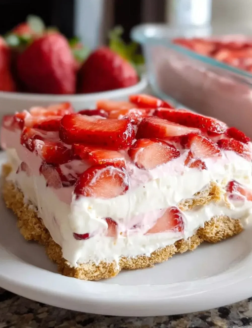 Delicious Strawberry Eclair Cake topped with fresh strawberries and cream
