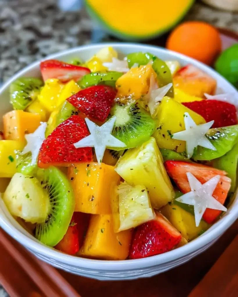 Vibrant tropical fruit salad with pineapple, mango, and kiwi in a bowl.