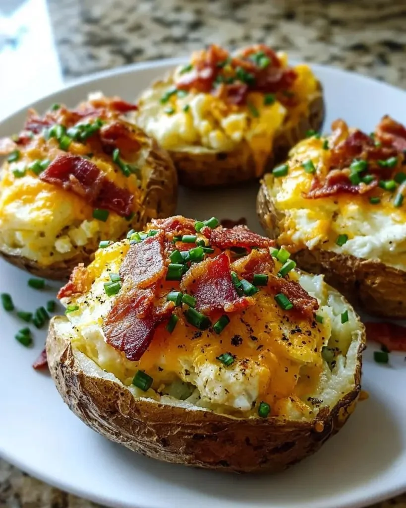Twice Baked Loaded Breakfast Potatoes topped with cheese and bacon