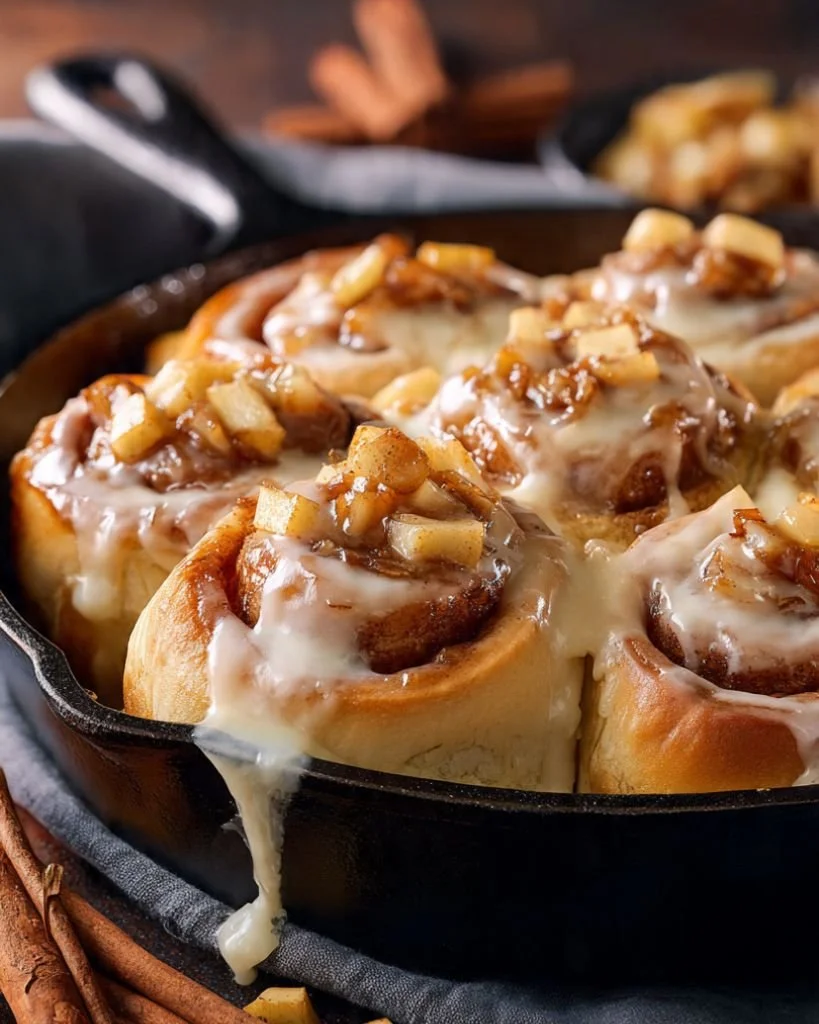 Freshly baked apple butter cinnamon rolls on a rustic table