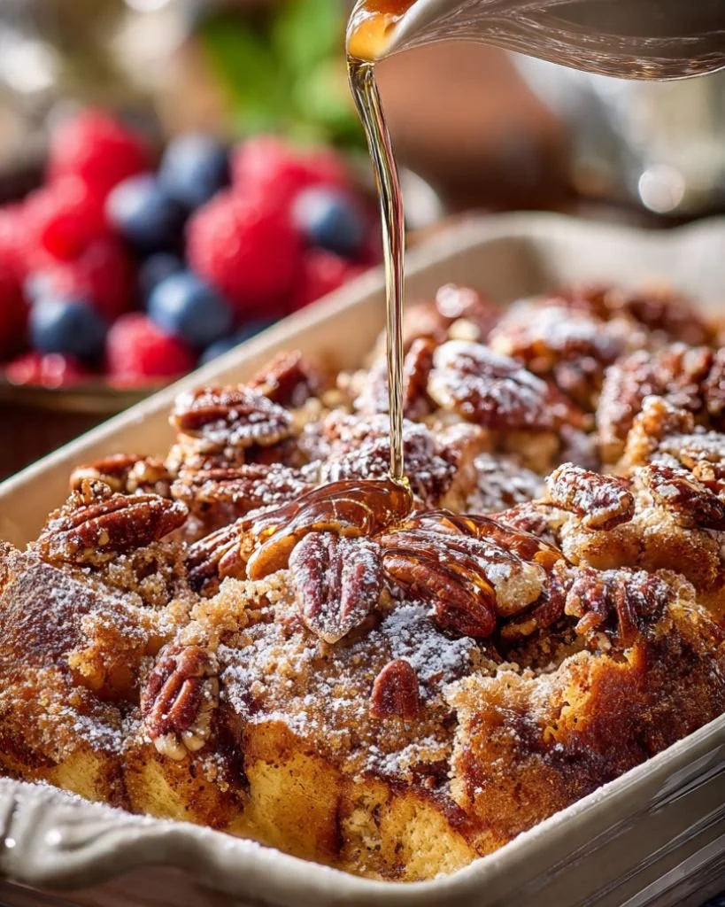 Baked Pecan French Toast topped with pecans and syrup