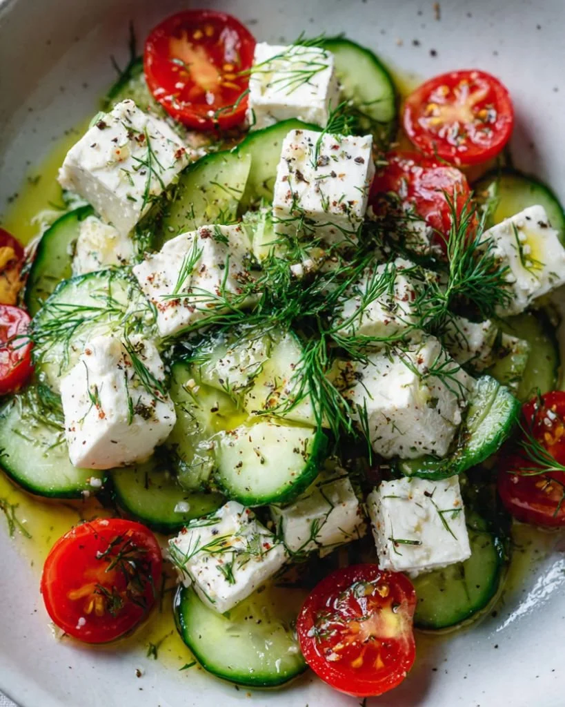 Beetroot Feta Salad with Cucumber and Dill garnished with fresh herbs.