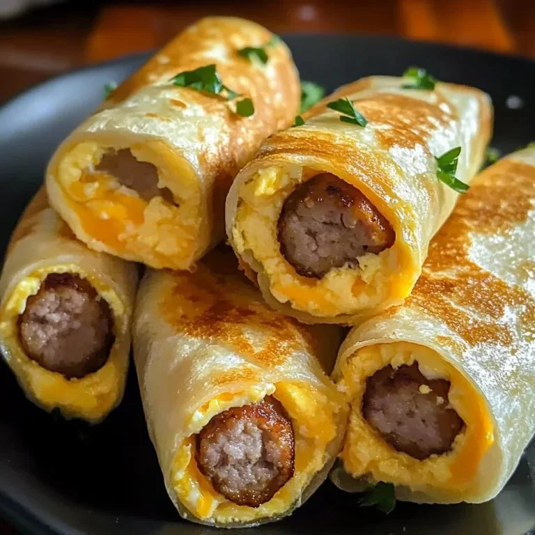 Breakfast roll-ups with sausage, egg, and cheese on a plate.