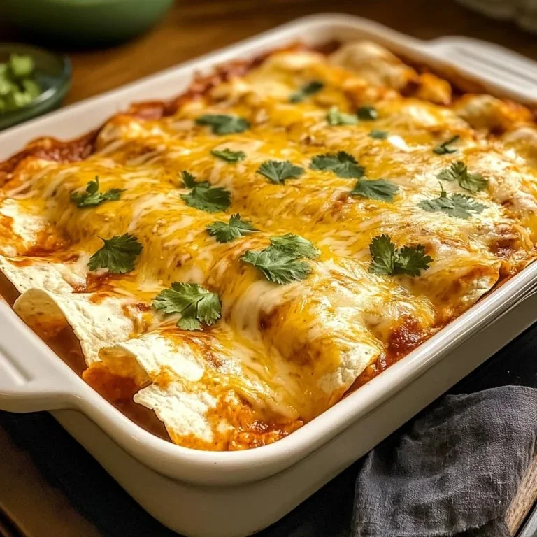 Delicious Chicken Enchilada Casserole topped with cheese and fresh herbs.