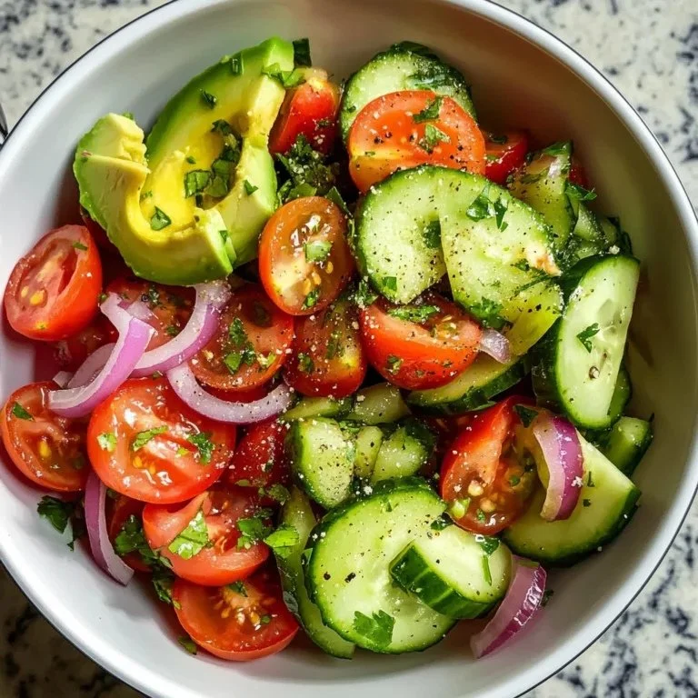 Delicious cucumber tomato avocado salad with fresh ingredients