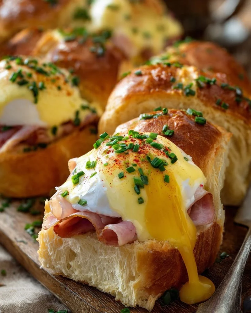 Eggs Benedict Breakfast Rolls served with hollandaise sauce and garnished