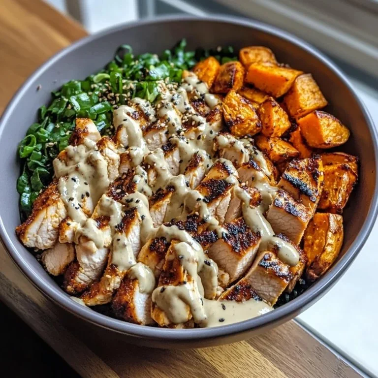 Flavorful chicken and sweet potato bowl topped with green herbs