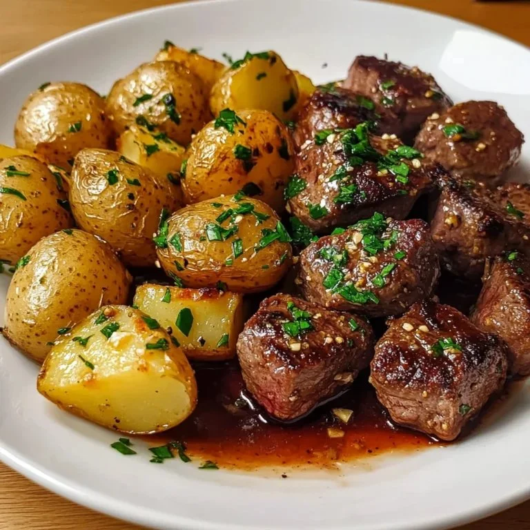 Delicious Garlic Steak Bites served with golden roasted potatoes