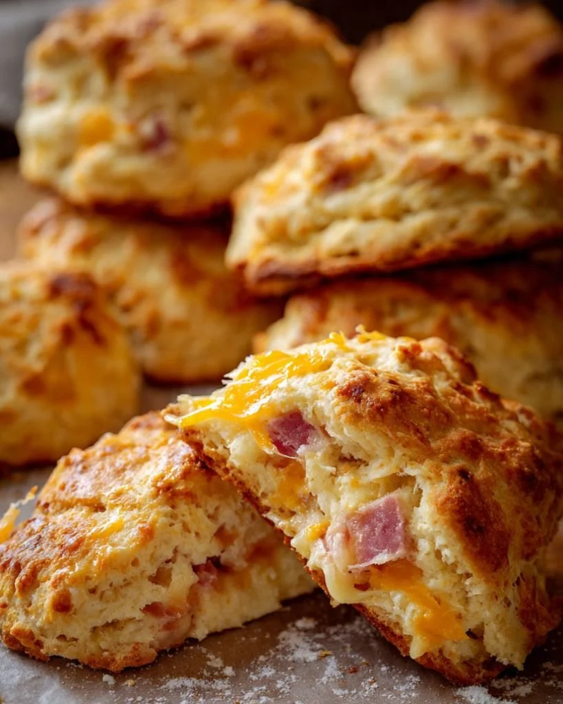 Freshly baked ham and cheese scones on a wooden board