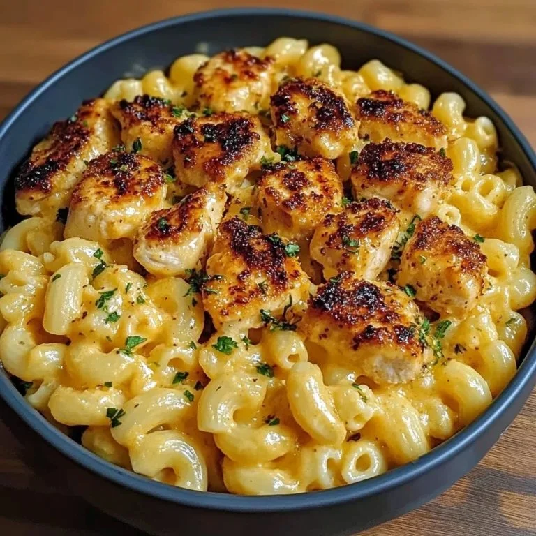 Delicious Honey Garlic Butter Chicken Mac and Cheese in a bowl.