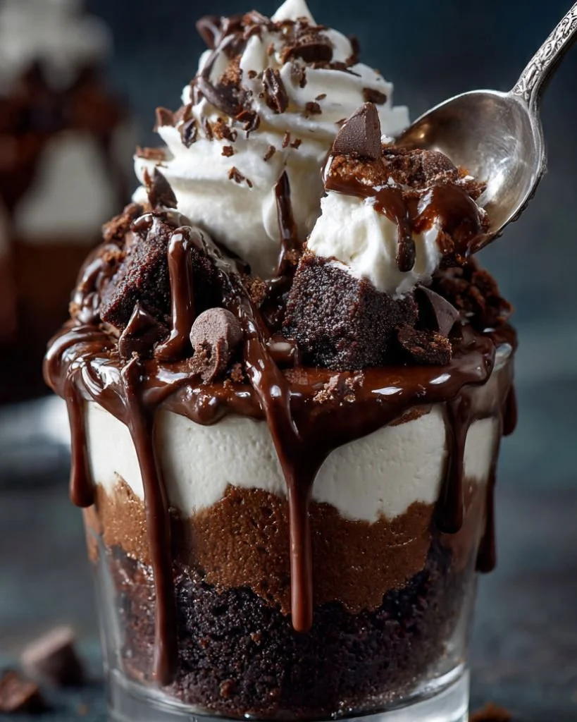 Delicious loaded brownie cheesecake cups topped with chocolate drizzle