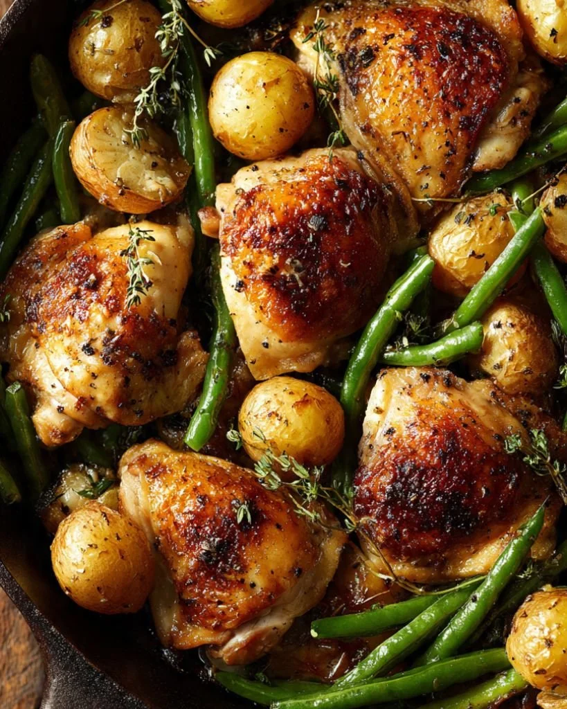 One-pan balsamic chicken with green beans and potatoes on a serving plate