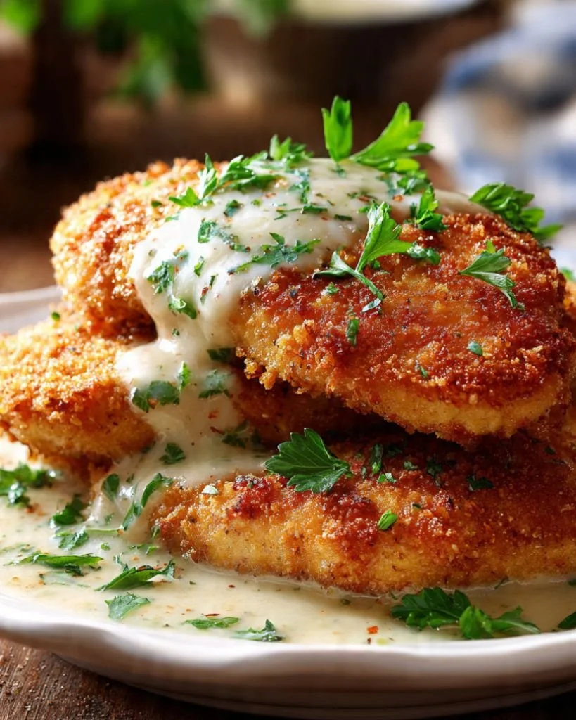 Parmesan-Crusted Chicken served with a rich creamy garlic sauce on a plate