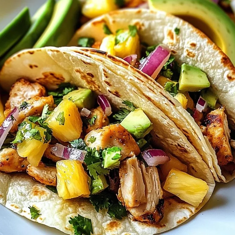 Delicious Pineapple Chicken Tacos topped with fresh ingredients and lime.